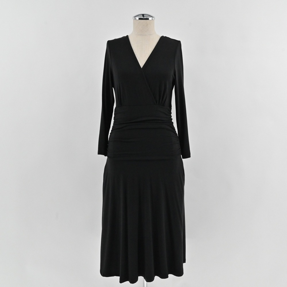 Betabrand Silk Ruched Faux-Wrap Midi Dress Womens Size S Black Jersey W1288-BK